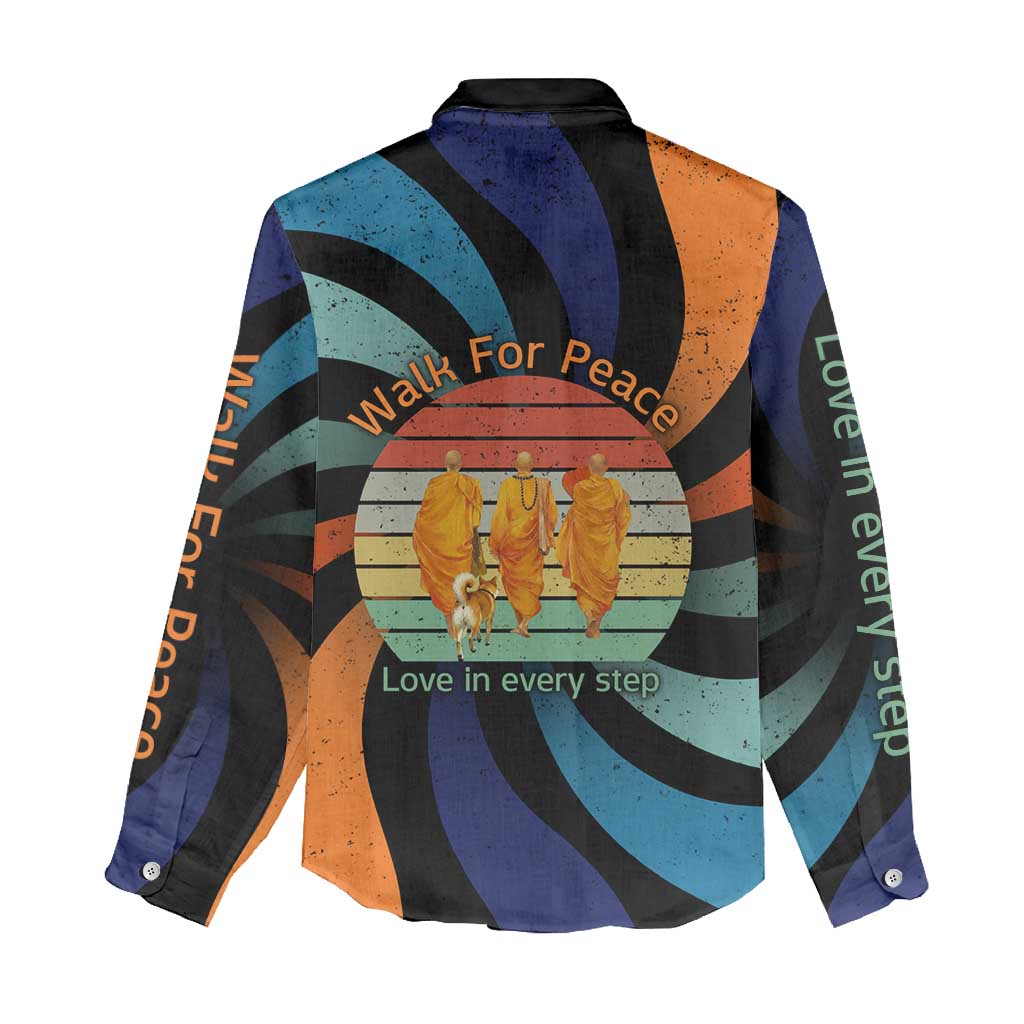 Buddhist Monks Walk For Peace Women Casual Shirt with Retro Sunset Swirl Pattern