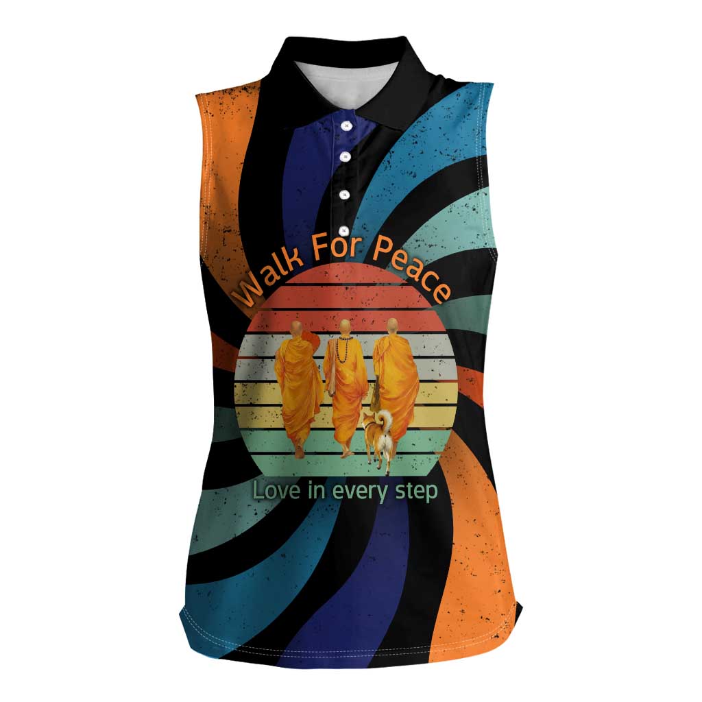 Buddhist Monks Walk For Peace Women Sleeveless Polo Shirt with Retro Sunset Swirl Pattern