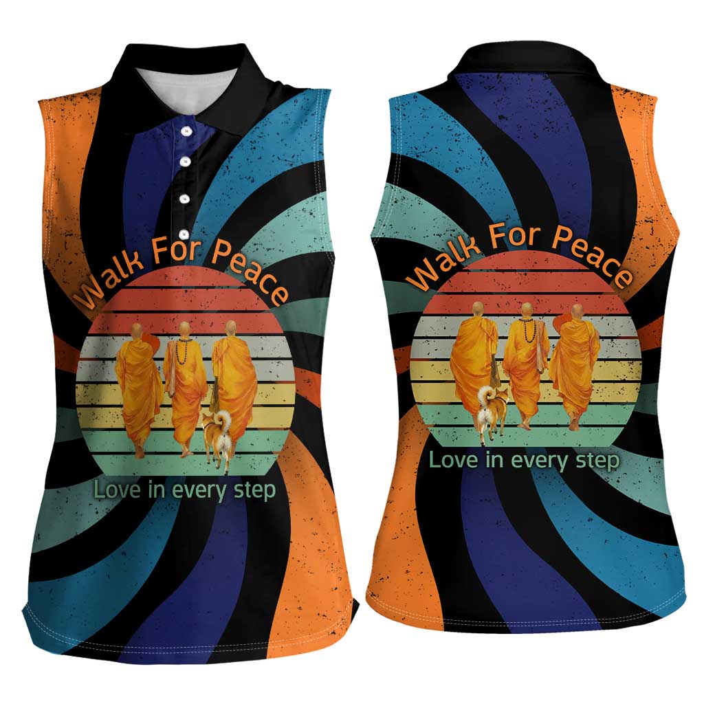 Buddhist Monks Walk For Peace Women Sleeveless Polo Shirt with Retro Sunset Swirl Pattern