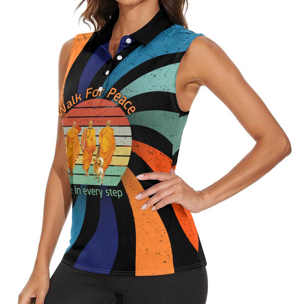 Buddhist Monks Walk For Peace Women Sleeveless Polo Shirt with Retro Sunset Swirl Pattern