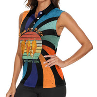 Buddhist Monks Walk For Peace Women Sleeveless Polo Shirt with Retro Sunset Swirl Pattern