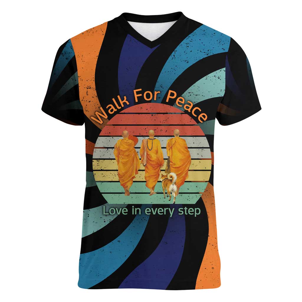 Buddhist Monks Walk For Peace Women V-Neck T-Shirt with Retro Sunset Swirl Pattern