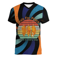 Buddhist Monks Walk For Peace Women V-Neck T-Shirt with Retro Sunset Swirl Pattern