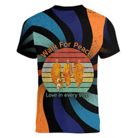 Buddhist Monks Walk For Peace Women V-Neck T-Shirt with Retro Sunset Swirl Pattern