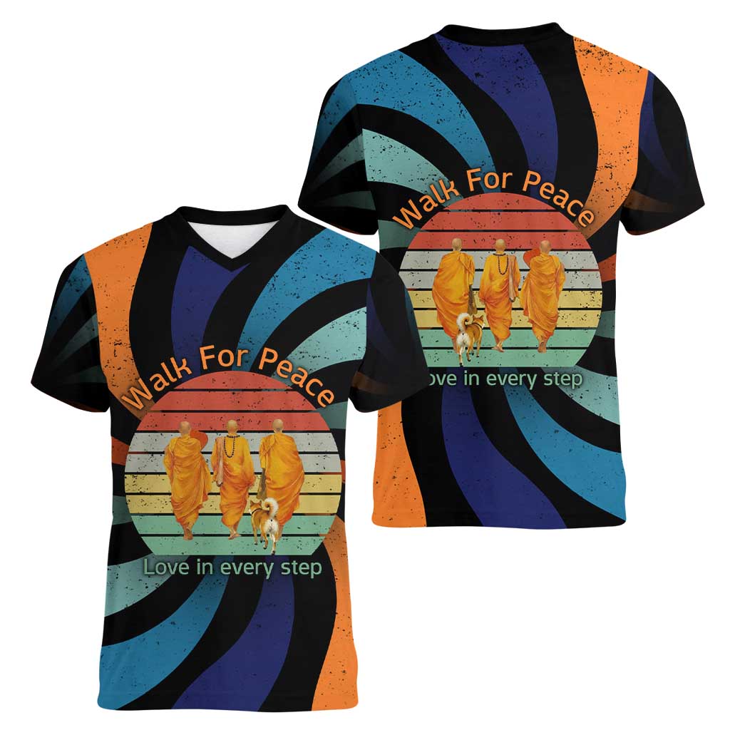 Buddhist Monks Walk For Peace Women V-Neck T-Shirt with Retro Sunset Swirl Pattern