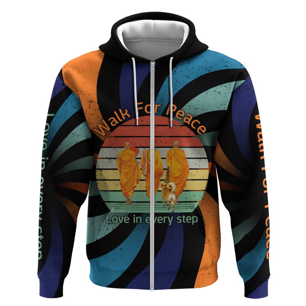 Buddhist Monks Walk For Peace Zip Hoodie with Retro Sunset Swirl Pattern