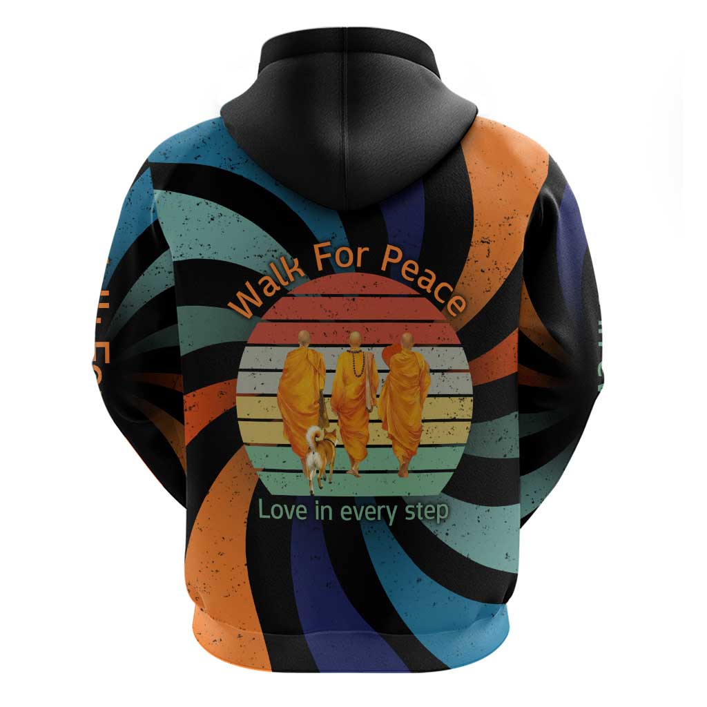 Buddhist Monks Walk For Peace Zip Hoodie with Retro Sunset Swirl Pattern