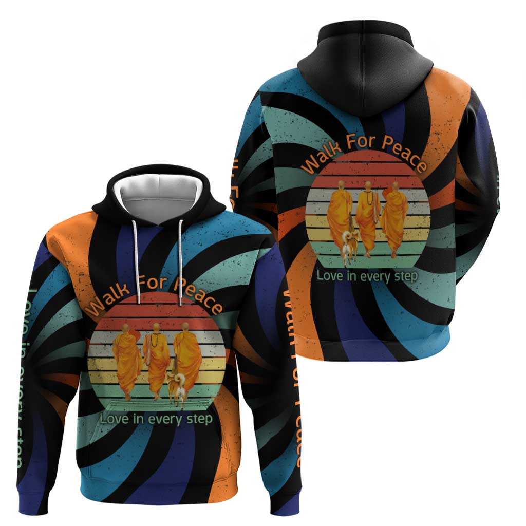 Buddhist Monks Walk For Peace Zip Hoodie with Retro Sunset Swirl Pattern