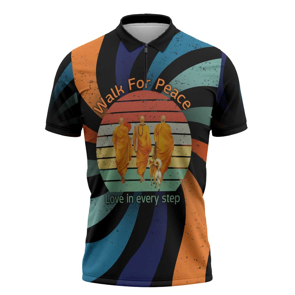 Buddhist Monks Walk For Peace Zipper Polo Shirt with Retro Sunset Swirl Pattern