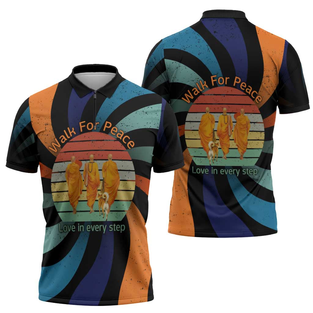 Buddhist Monks Walk For Peace Zipper Polo Shirt with Retro Sunset Swirl Pattern