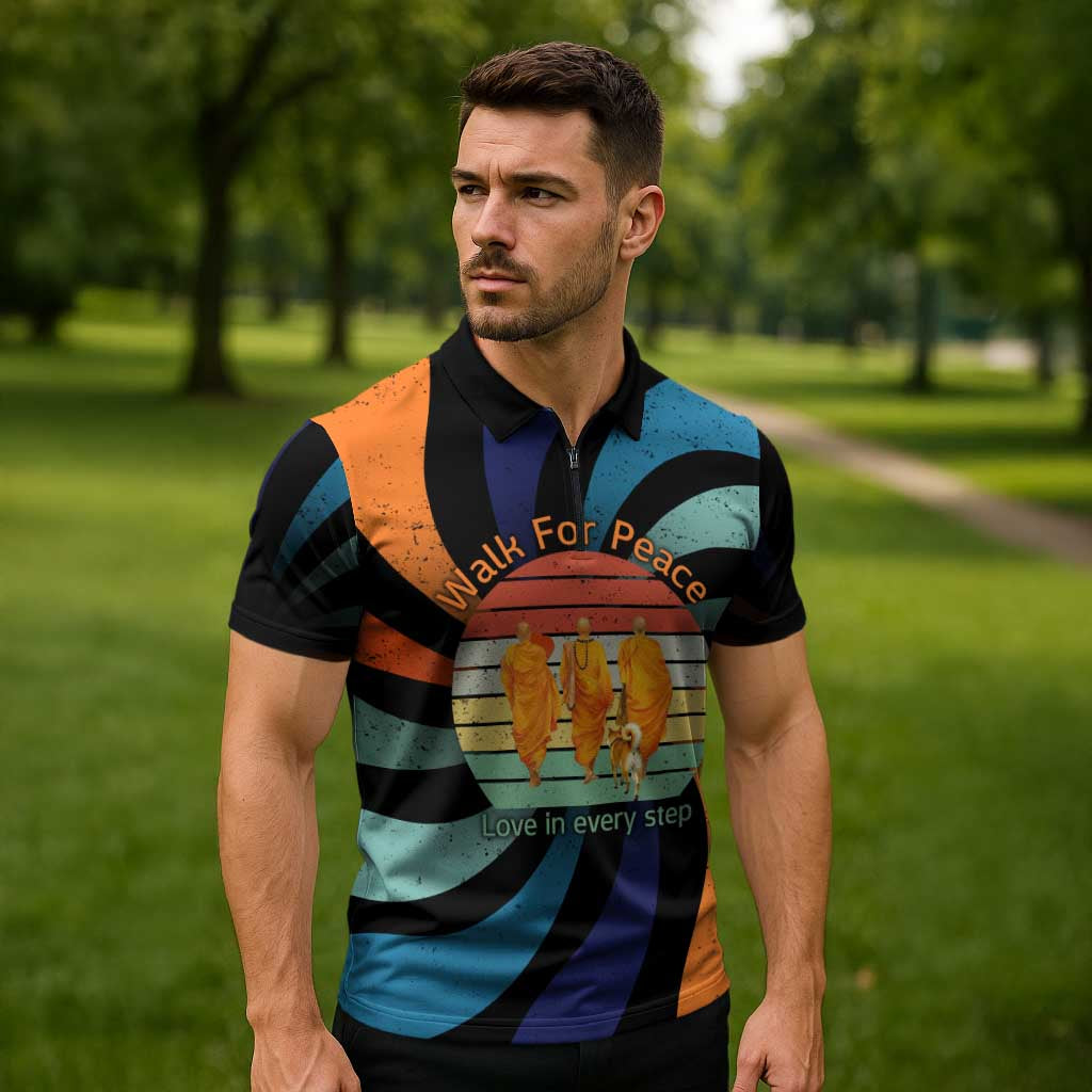 Buddhist Monks Walk For Peace Zipper Polo Shirt with Retro Sunset Swirl Pattern