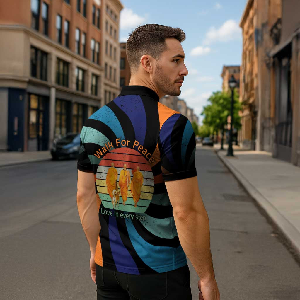 Buddhist Monks Walk For Peace Zipper Polo Shirt with Retro Sunset Swirl Pattern
