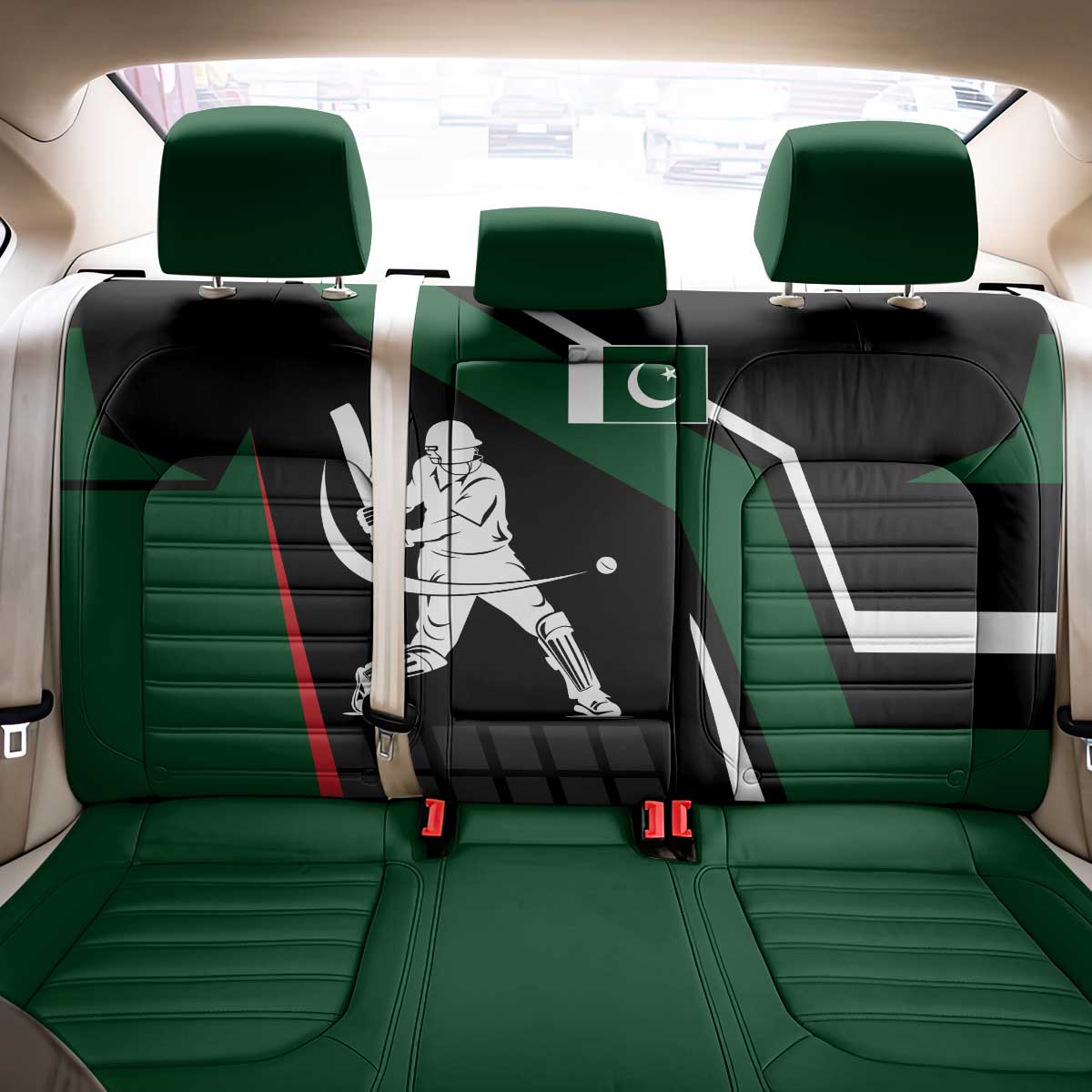 Pakistan Cricket Back Car Seat Cover Sporty Style with Flag Colors & Player Illustration