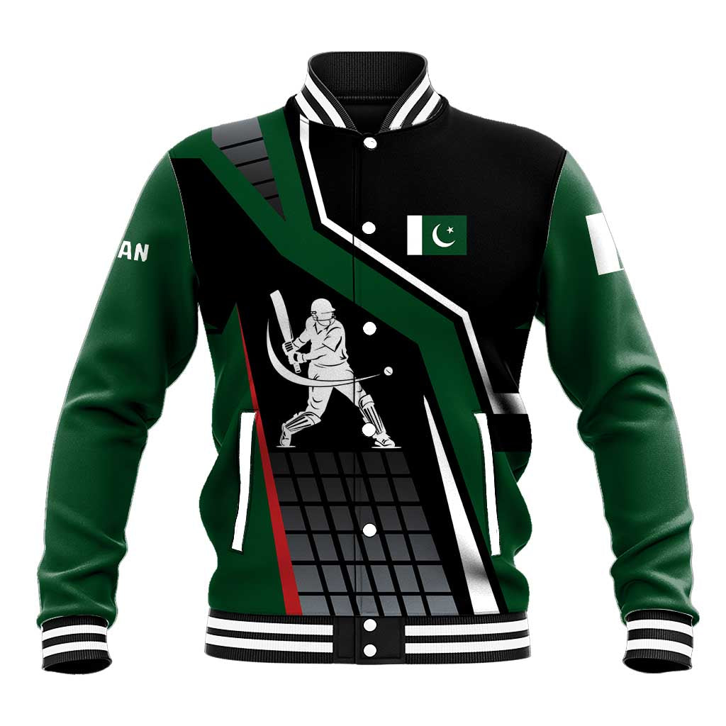Pakistan Cricket Baseball Jacket Sporty Style with Flag Colors & Player Illustration