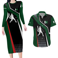 Pakistan Cricket Couples Matching Long Sleeve Bodycon Dress and Hawaiian Shirt Sporty Style with Flag Colors & Player Illustration