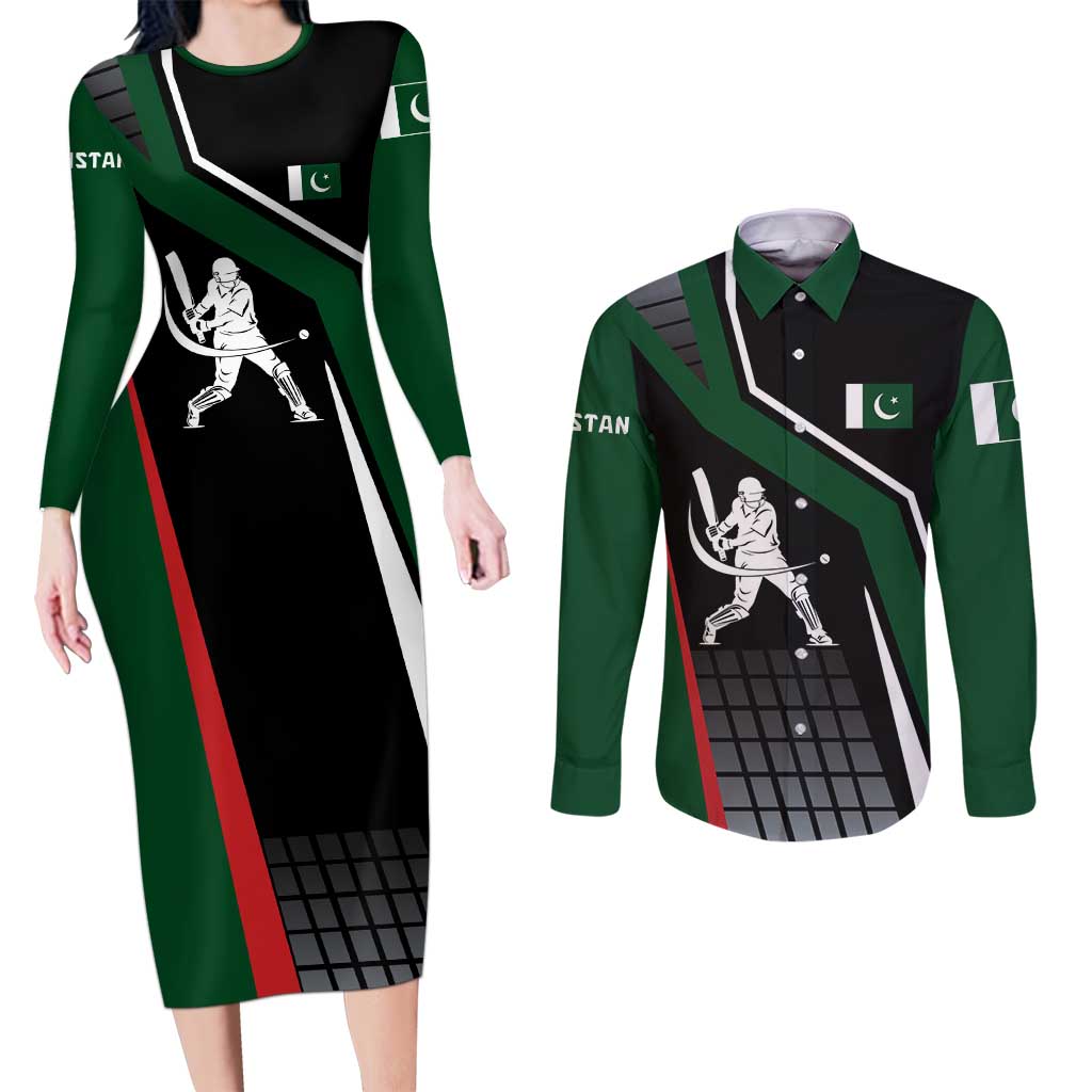 Pakistan Cricket Couples Matching Long Sleeve Bodycon Dress and Long Sleeve Button Shirt Sporty Style with Flag Colors & Player Illustration