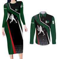 Pakistan Cricket Couples Matching Long Sleeve Bodycon Dress and Long Sleeve Button Shirt Sporty Style with Flag Colors & Player Illustration