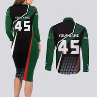 Pakistan Cricket Couples Matching Long Sleeve Bodycon Dress and Long Sleeve Button Shirt Sporty Style with Flag Colors & Player Illustration