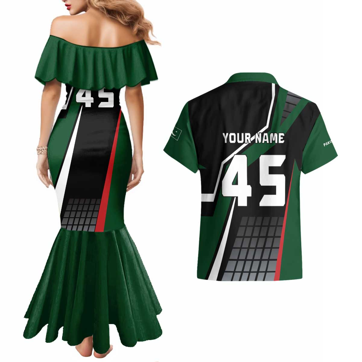 Pakistan Cricket Couples Matching Mermaid Dress and Hawaiian Shirt Sporty Style with Flag Colors & Player Illustration