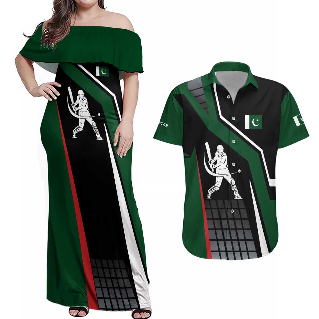 Pakistan Cricket Couples Matching Off Shoulder Maxi Dress and Hawaiian Shirt Sporty Style with Flag Colors & Player Illustration
