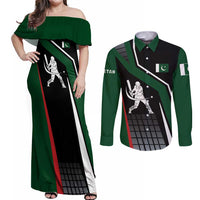 Pakistan Cricket Couples Matching Off Shoulder Maxi Dress and Long Sleeve Button Shirt Sporty Style with Flag Colors & Player Illustration