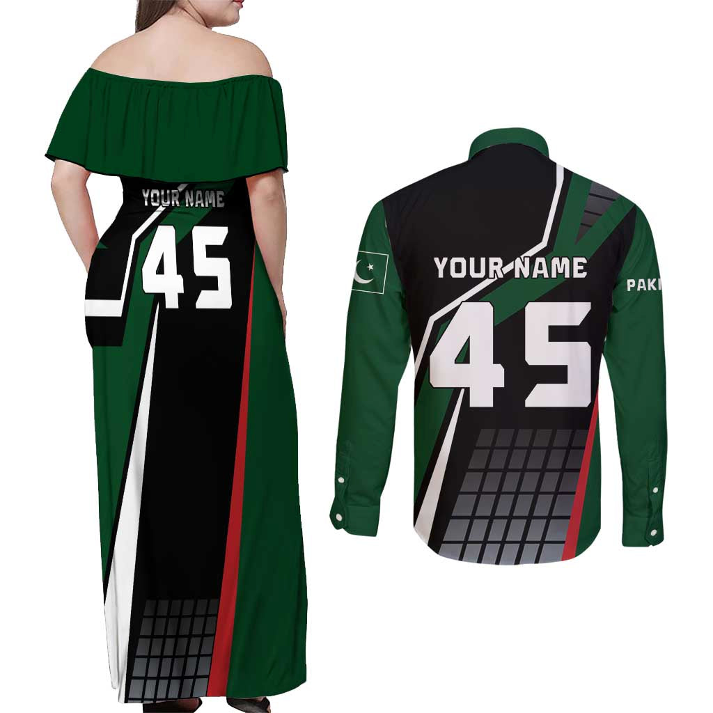 Pakistan Cricket Couples Matching Off Shoulder Maxi Dress and Long Sleeve Button Shirt Sporty Style with Flag Colors & Player Illustration