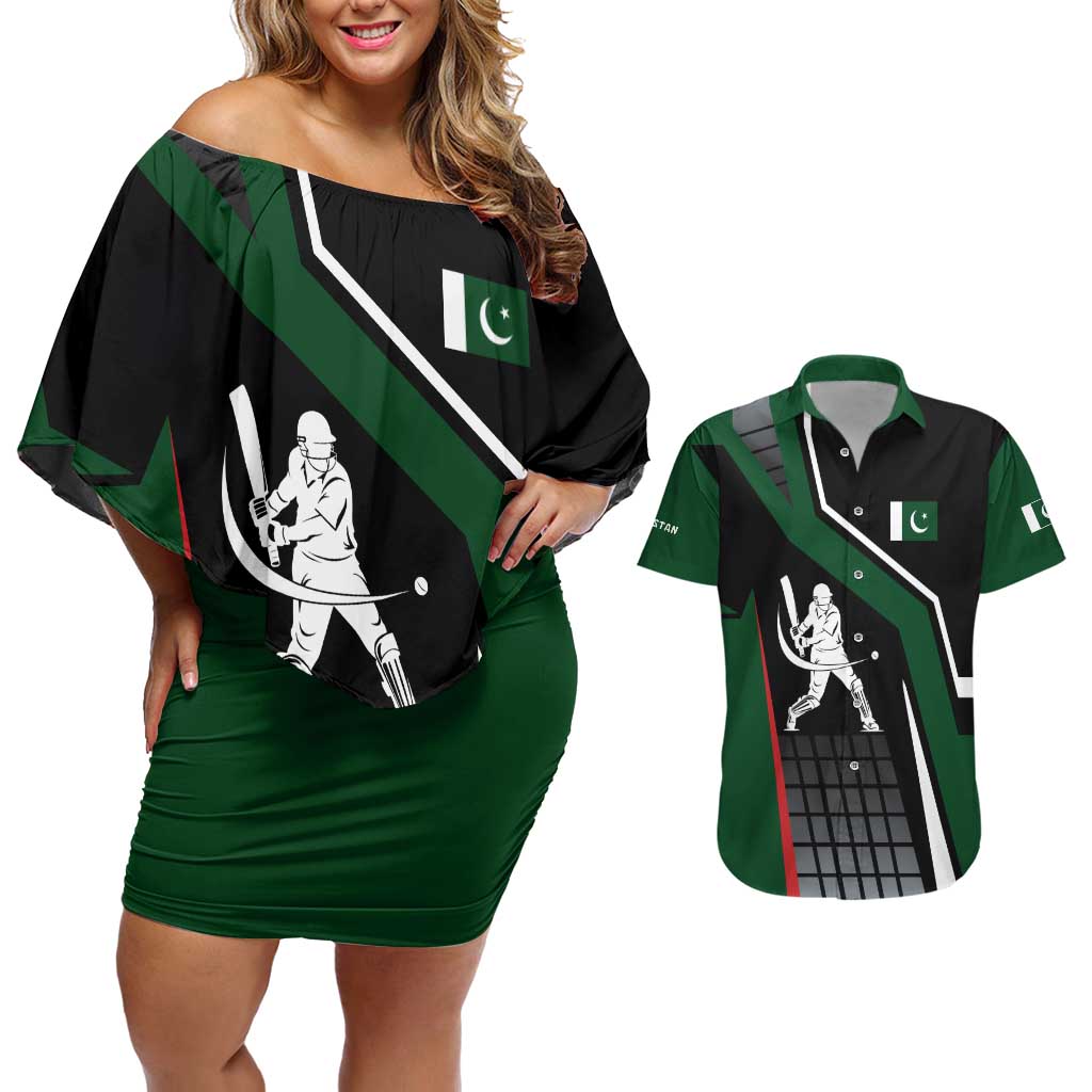 Pakistan Cricket Couples Matching Off Shoulder Short Dress and Hawaiian Shirt Sporty Style with Flag Colors & Player Illustration