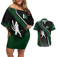 Pakistan Cricket Couples Matching Off Shoulder Short Dress and Hawaiian Shirt Sporty Style with Flag Colors & Player Illustration