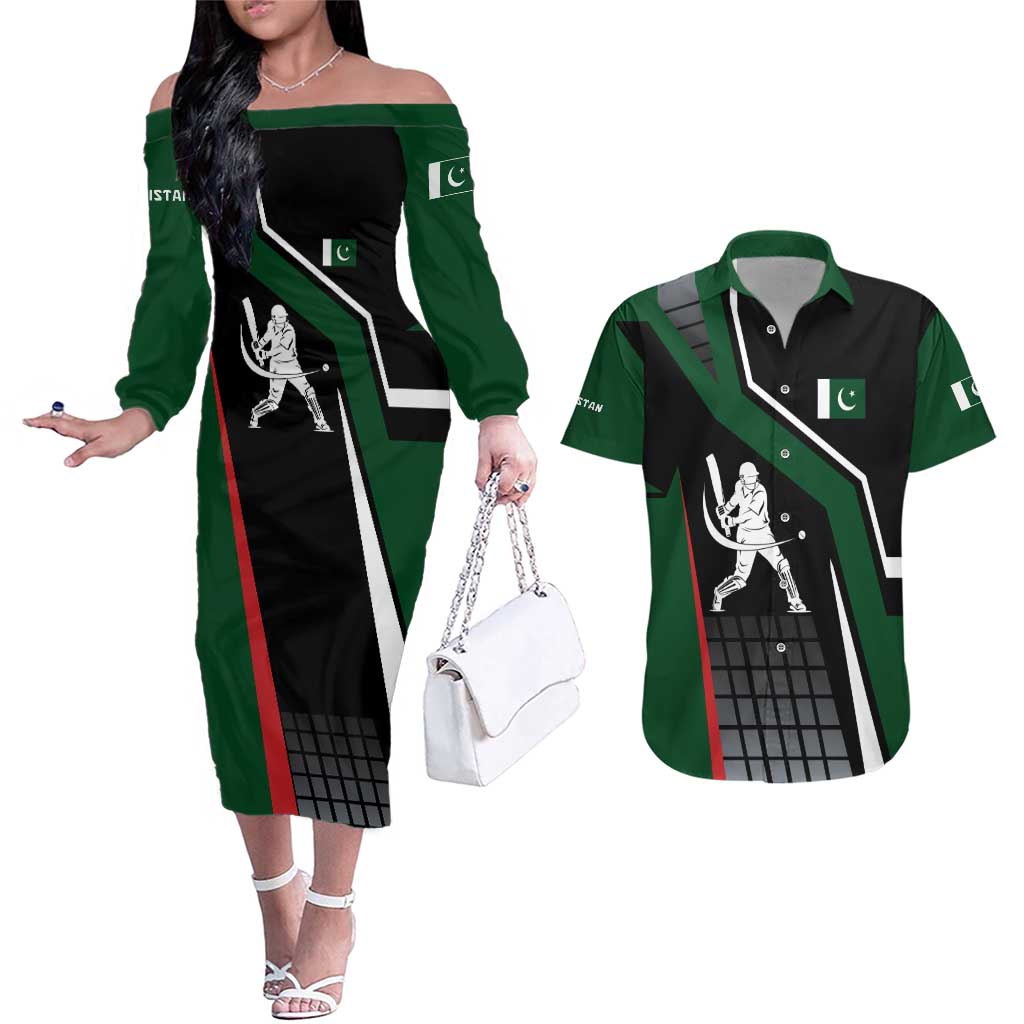 Pakistan Cricket Couples Matching Off The Shoulder Long Sleeve Dress and Hawaiian Shirt Sporty Style with Flag Colors & Player Illustration