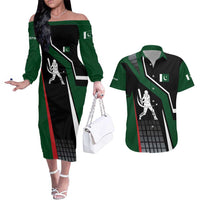 Pakistan Cricket Couples Matching Off The Shoulder Long Sleeve Dress and Hawaiian Shirt Sporty Style with Flag Colors & Player Illustration