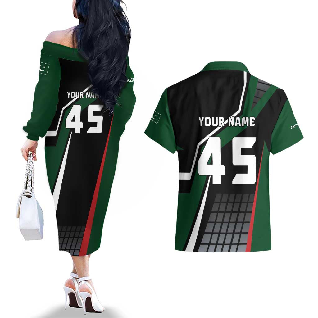 Pakistan Cricket Couples Matching Off The Shoulder Long Sleeve Dress and Hawaiian Shirt Sporty Style with Flag Colors & Player Illustration