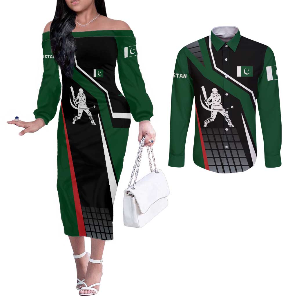 Pakistan Cricket Couples Matching Off The Shoulder Long Sleeve Dress and Long Sleeve Button Shirt Sporty Style with Flag Colors & Player Illustration