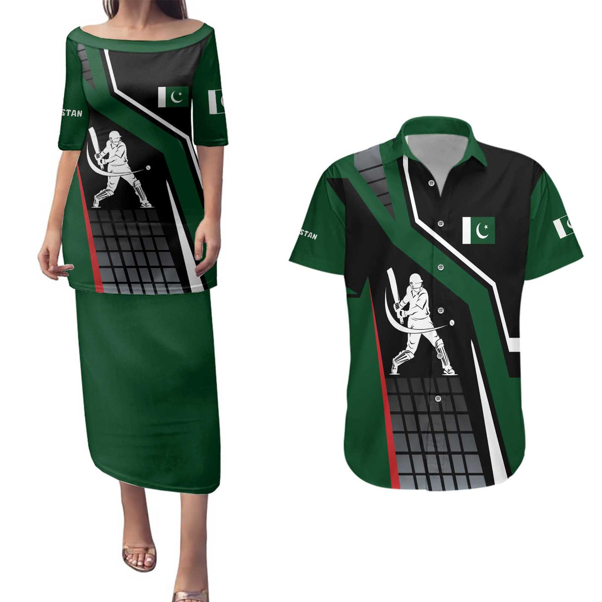 Pakistan Cricket Couples Matching Puletasi and Hawaiian Shirt Sporty Style with Flag Colors & Player Illustration