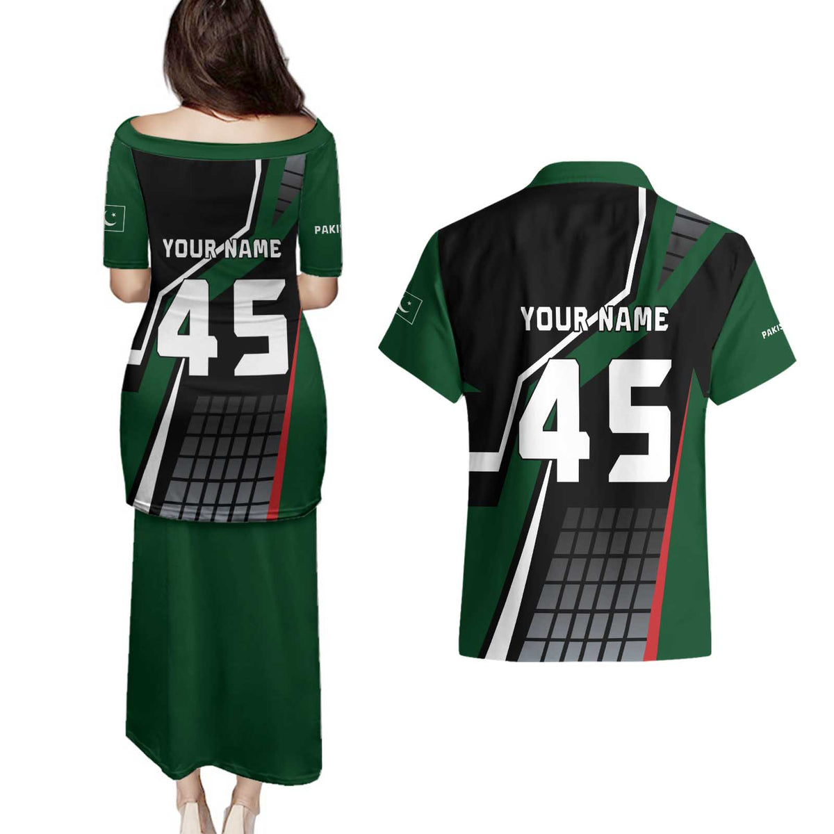 Pakistan Cricket Couples Matching Puletasi and Hawaiian Shirt Sporty Style with Flag Colors & Player Illustration