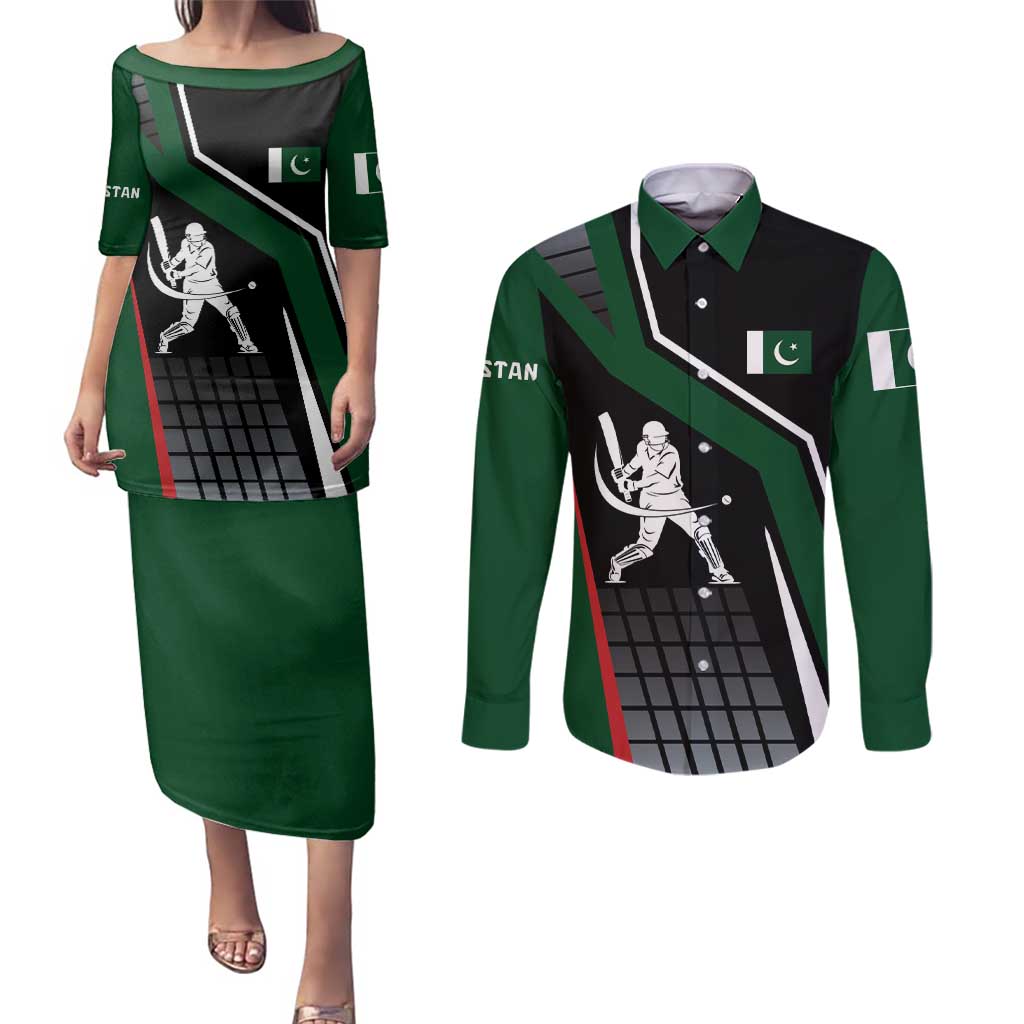 Pakistan Cricket Couples Matching Puletasi and Long Sleeve Button Shirt Sporty Style with Flag Colors & Player Illustration