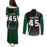 Pakistan Cricket Couples Matching Puletasi and Long Sleeve Button Shirt Sporty Style with Flag Colors & Player Illustration