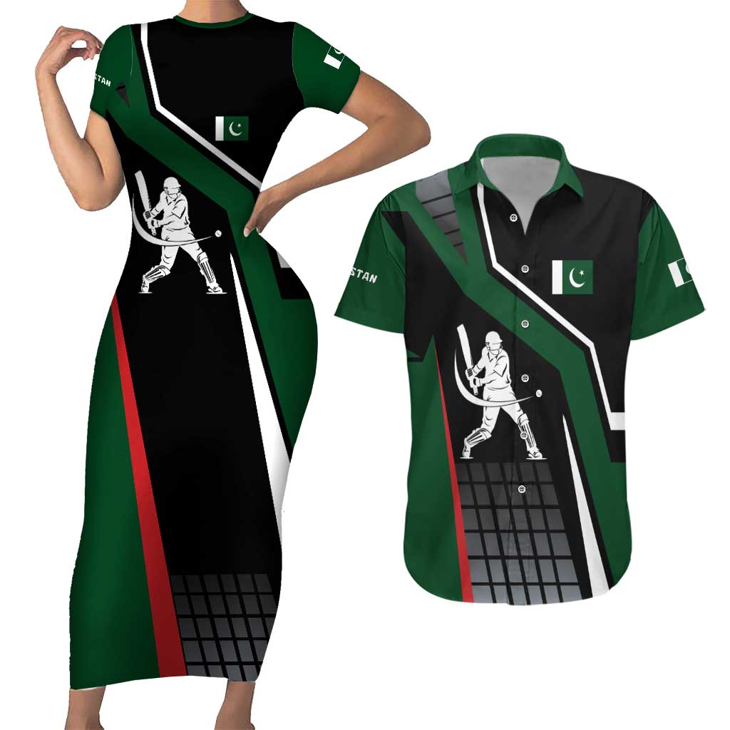 Pakistan Cricket Couples Matching Short Sleeve Bodycon Dress and Hawaiian Shirt Sporty Style with Flag Colors & Player Illustration