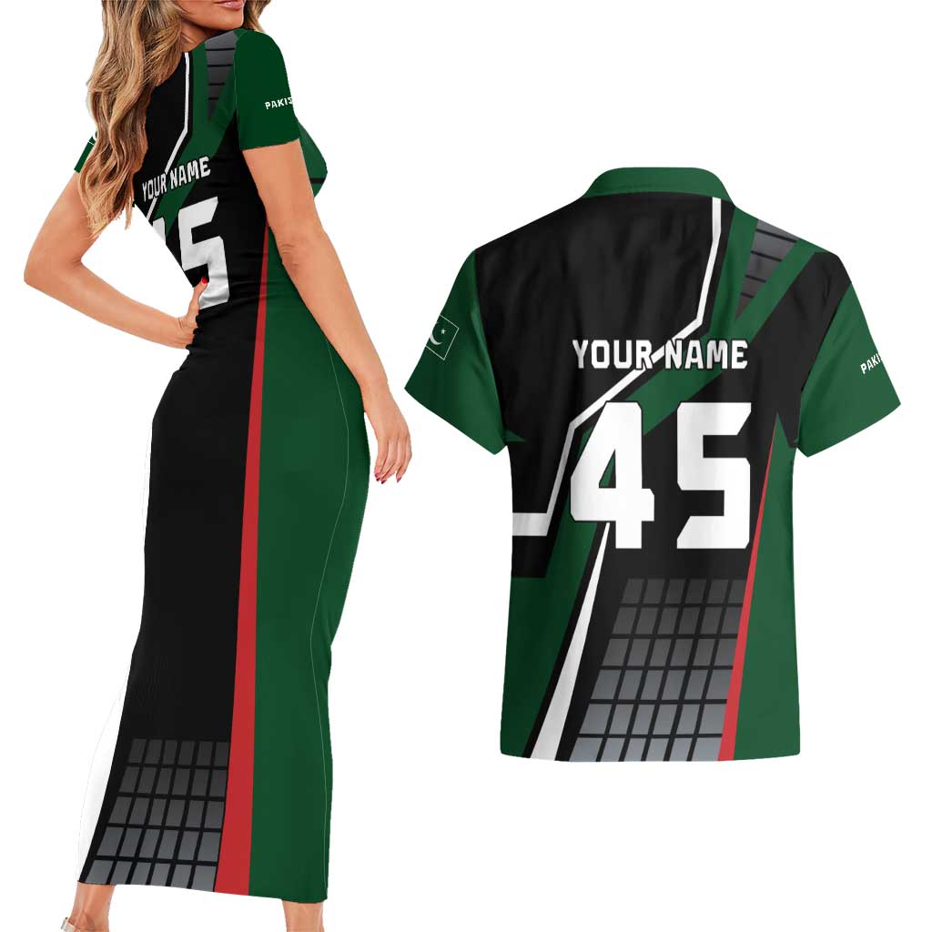 Pakistan Cricket Couples Matching Short Sleeve Bodycon Dress and Hawaiian Shirt Sporty Style with Flag Colors & Player Illustration