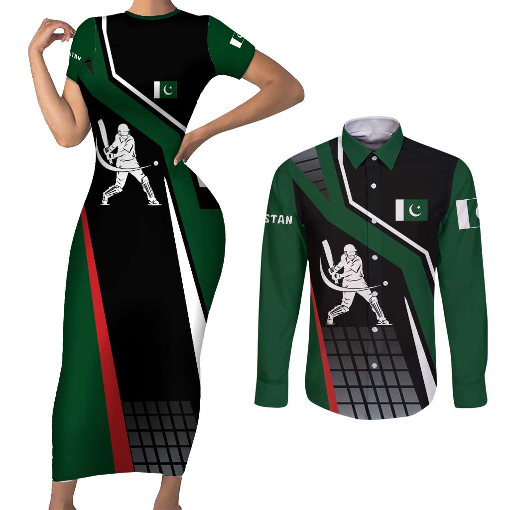 Pakistan Cricket Couples Matching Short Sleeve Bodycon Dress and Long Sleeve Button Shirt Sporty Style with Flag Colors & Player Illustration
