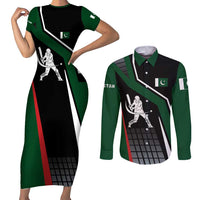 Pakistan Cricket Couples Matching Short Sleeve Bodycon Dress and Long Sleeve Button Shirt Sporty Style with Flag Colors & Player Illustration