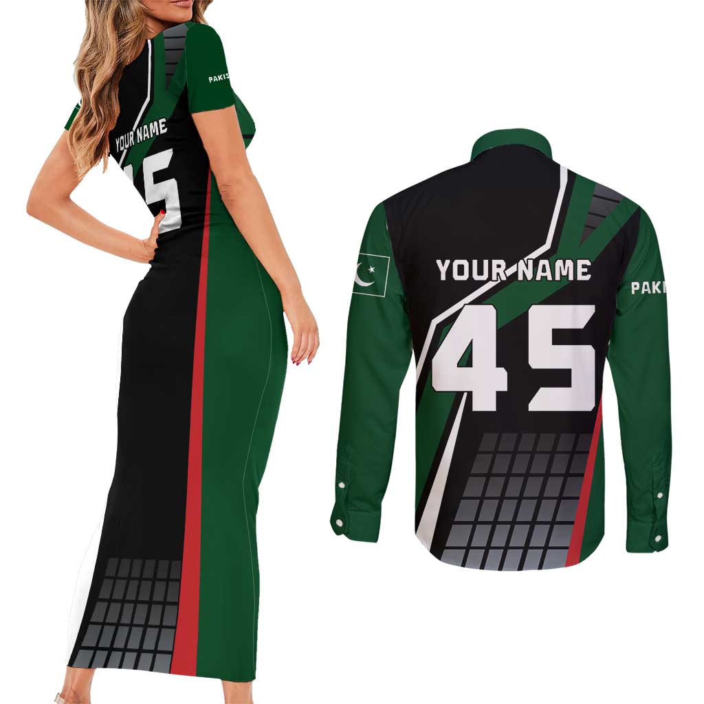 Pakistan Cricket Couples Matching Short Sleeve Bodycon Dress and Long Sleeve Button Shirt Sporty Style with Flag Colors & Player Illustration