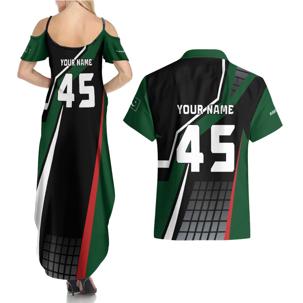 Pakistan Cricket Couples Matching Summer Maxi Dress and Hawaiian Shirt Sporty Style with Flag Colors & Player Illustration