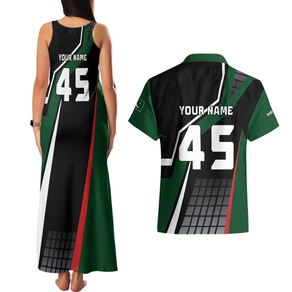 Pakistan Cricket Couples Matching Tank Maxi Dress and Hawaiian Shirt Sporty Style with Flag Colors & Player Illustration