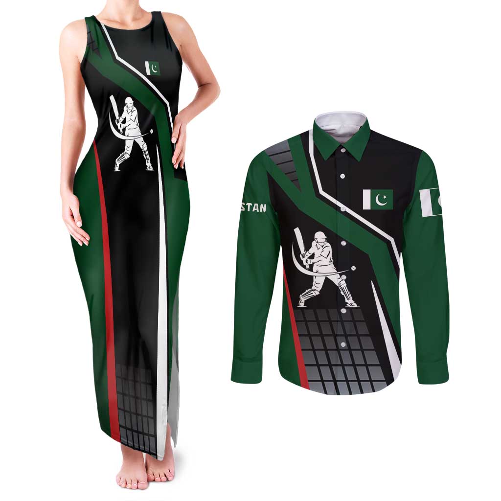 Pakistan Cricket Couples Matching Tank Maxi Dress and Long Sleeve Button Shirt Sporty Style with Flag Colors & Player Illustration