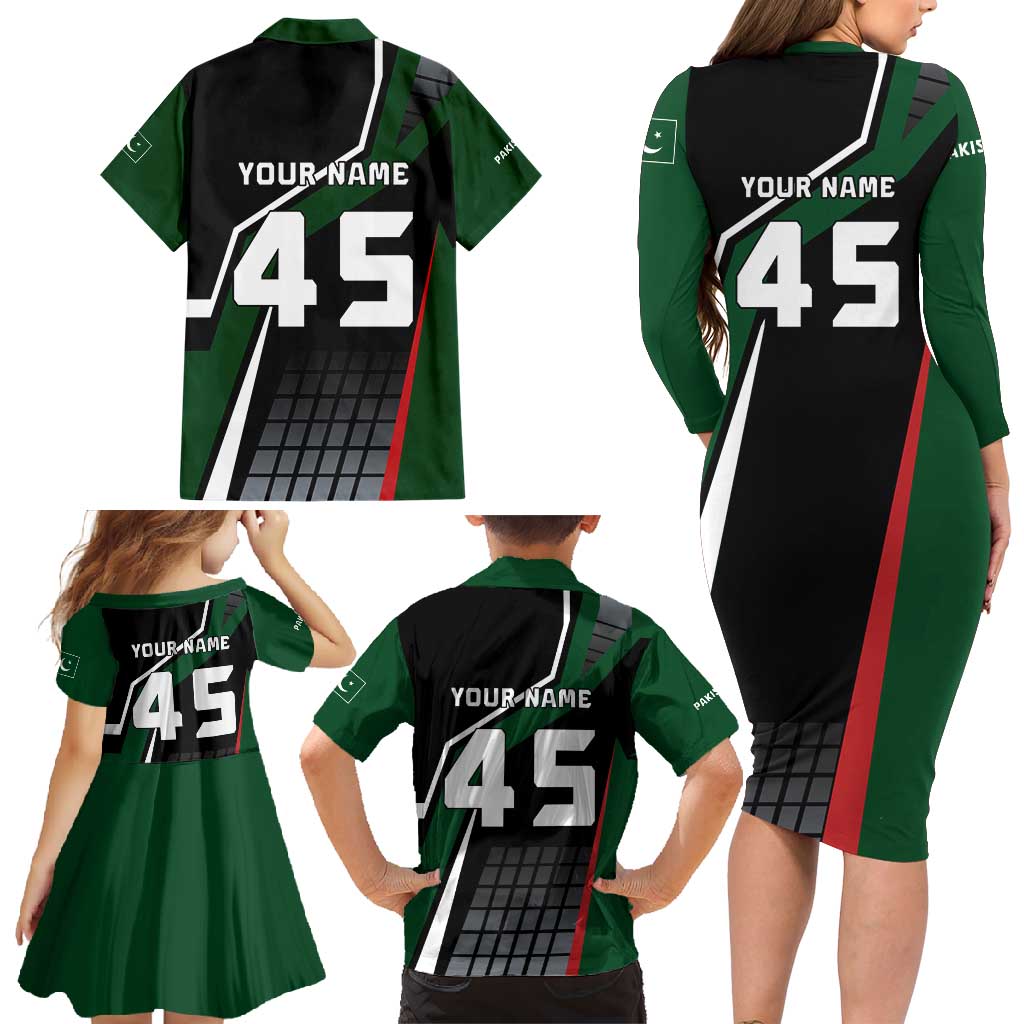 Pakistan Cricket Family Matching Long Sleeve Bodycon Dress and Hawaiian Shirt Sporty Style with Flag Colors & Player Illustration