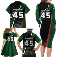 Pakistan Cricket Family Matching Long Sleeve Bodycon Dress and Hawaiian Shirt Sporty Style with Flag Colors & Player Illustration