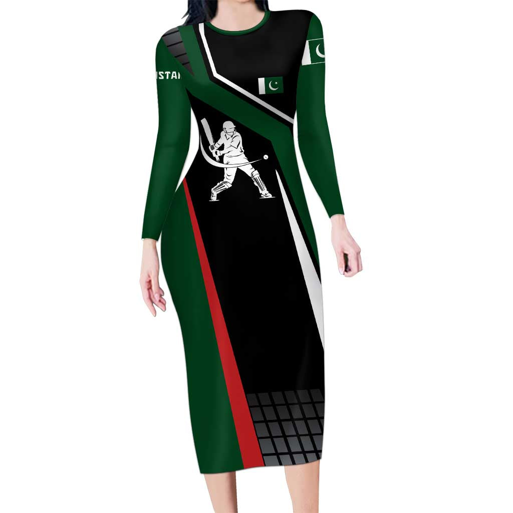 Pakistan Cricket Family Matching Long Sleeve Bodycon Dress and Hawaiian Shirt Sporty Style with Flag Colors & Player Illustration