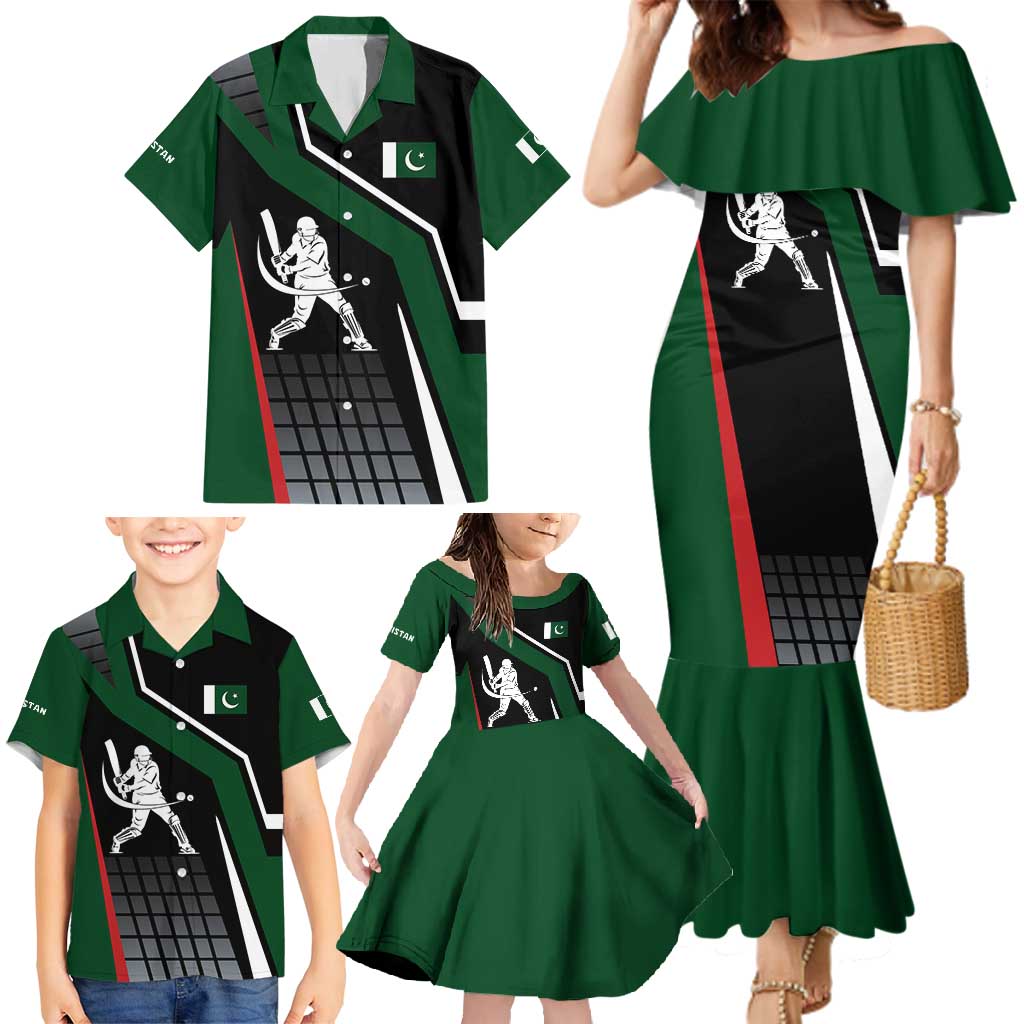 Pakistan Cricket Family Matching Mermaid Dress and Hawaiian Shirt Sporty Style with Flag Colors & Player Illustration