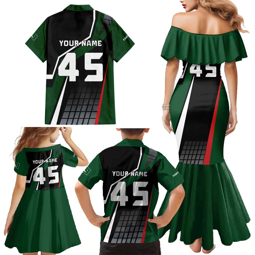 Pakistan Cricket Family Matching Mermaid Dress and Hawaiian Shirt Sporty Style with Flag Colors & Player Illustration