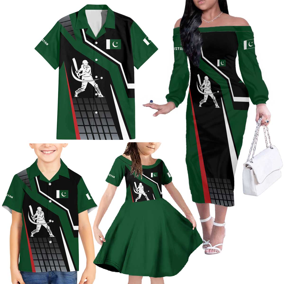 Pakistan Cricket Family Matching Off The Shoulder Long Sleeve Dress and Hawaiian Shirt Sporty Style with Flag Colors & Player Illustration